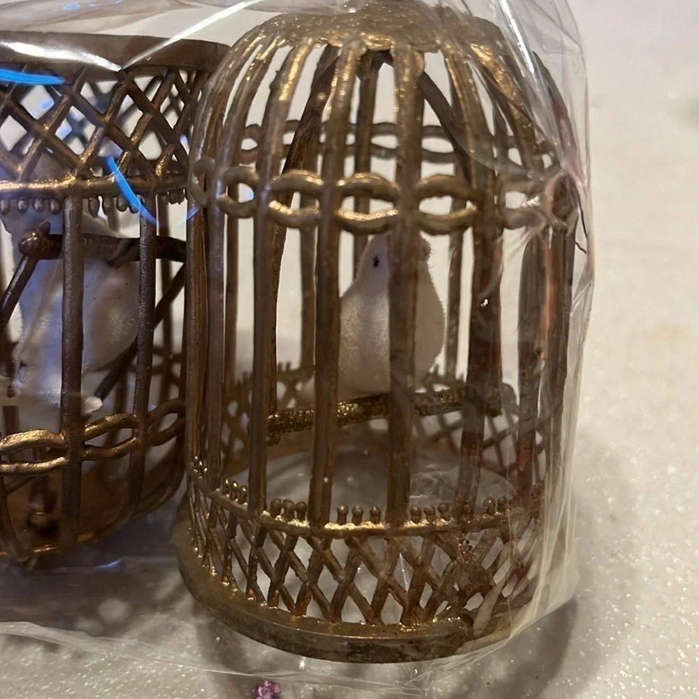 Double Glo MCM Flocked Dove Bird in gold Cage Ornaments VTG Set of 3